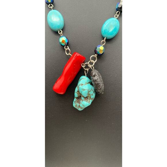 Silver Tone Necklace With Turquoise Coral & Lava Stone Charm Pendants - Picture 3 of 6